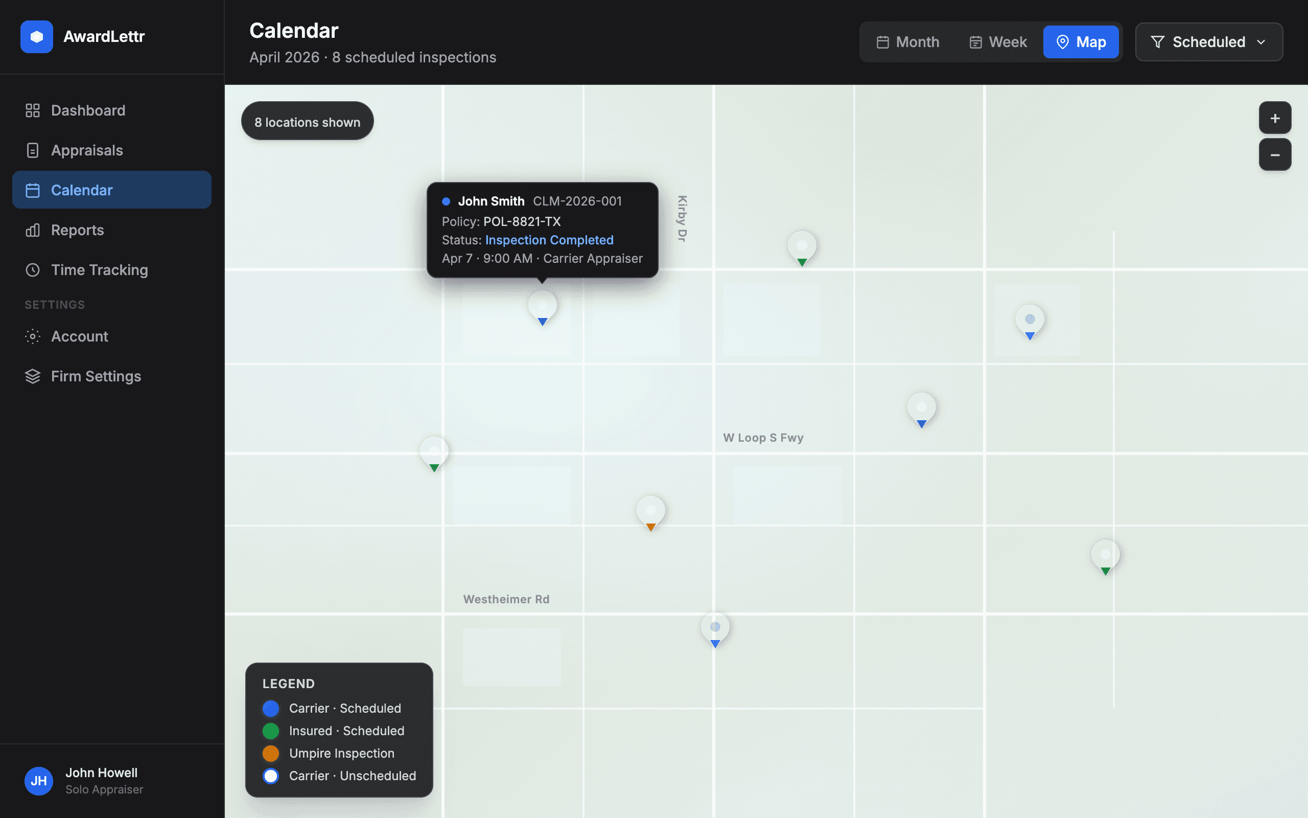 Calendar page with Map view active showing color-coded pins on a map