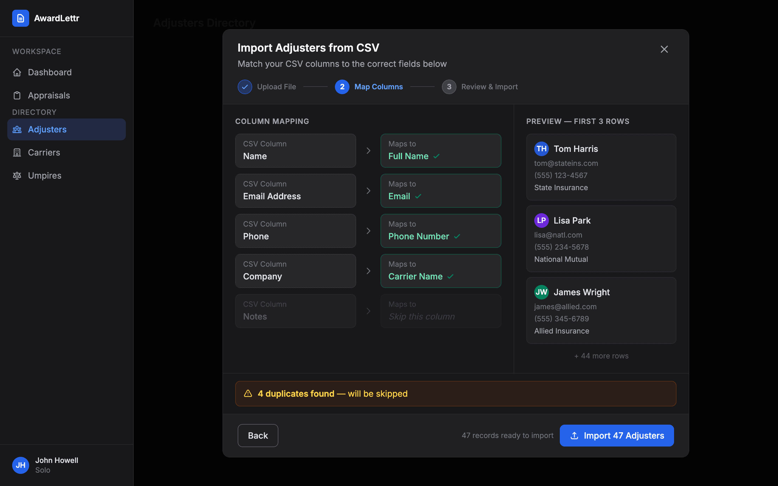 CSV import dialog showing column mapping step with preview of imported data