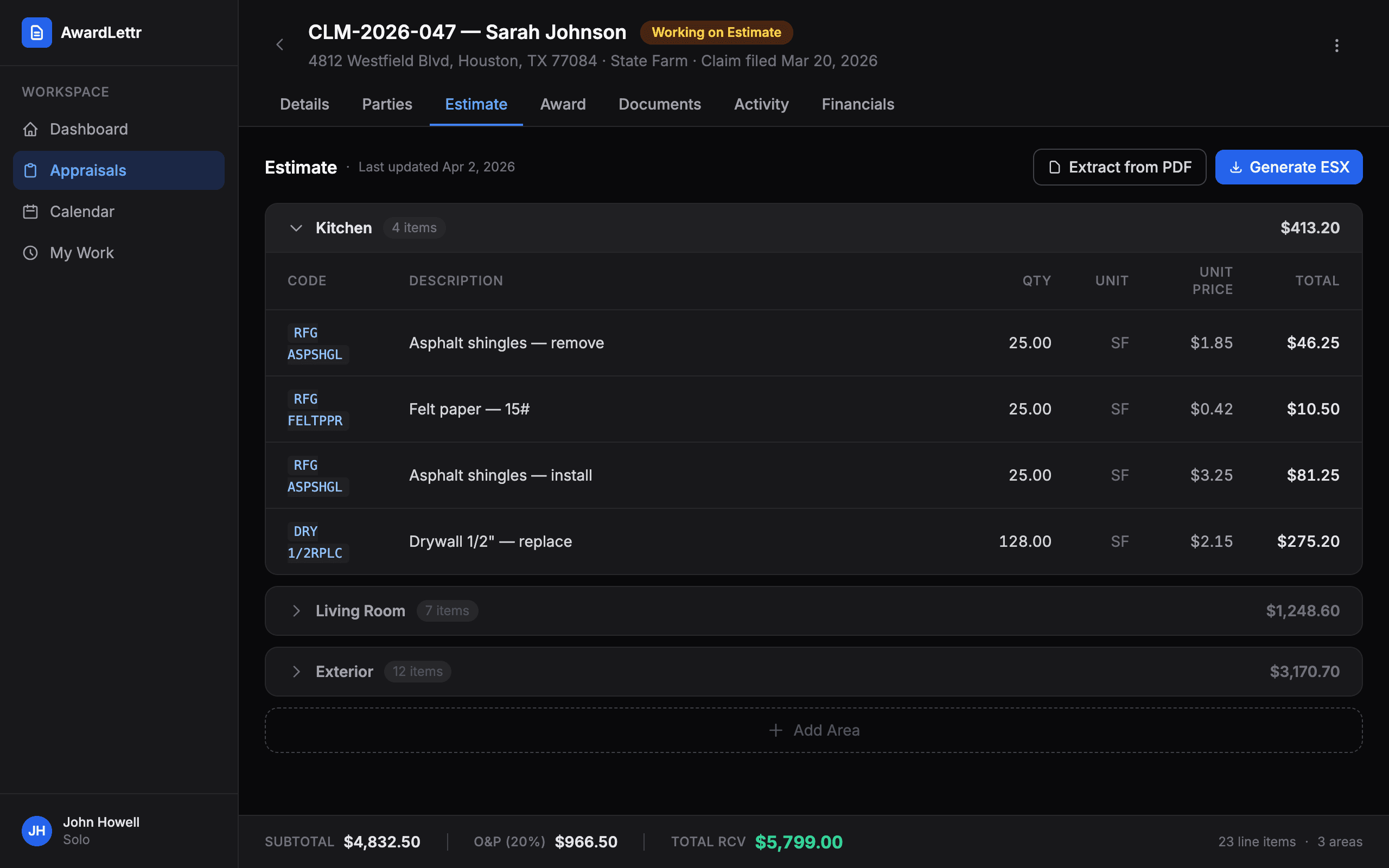 Estimate tab showing work areas with Xactimate line items and totals