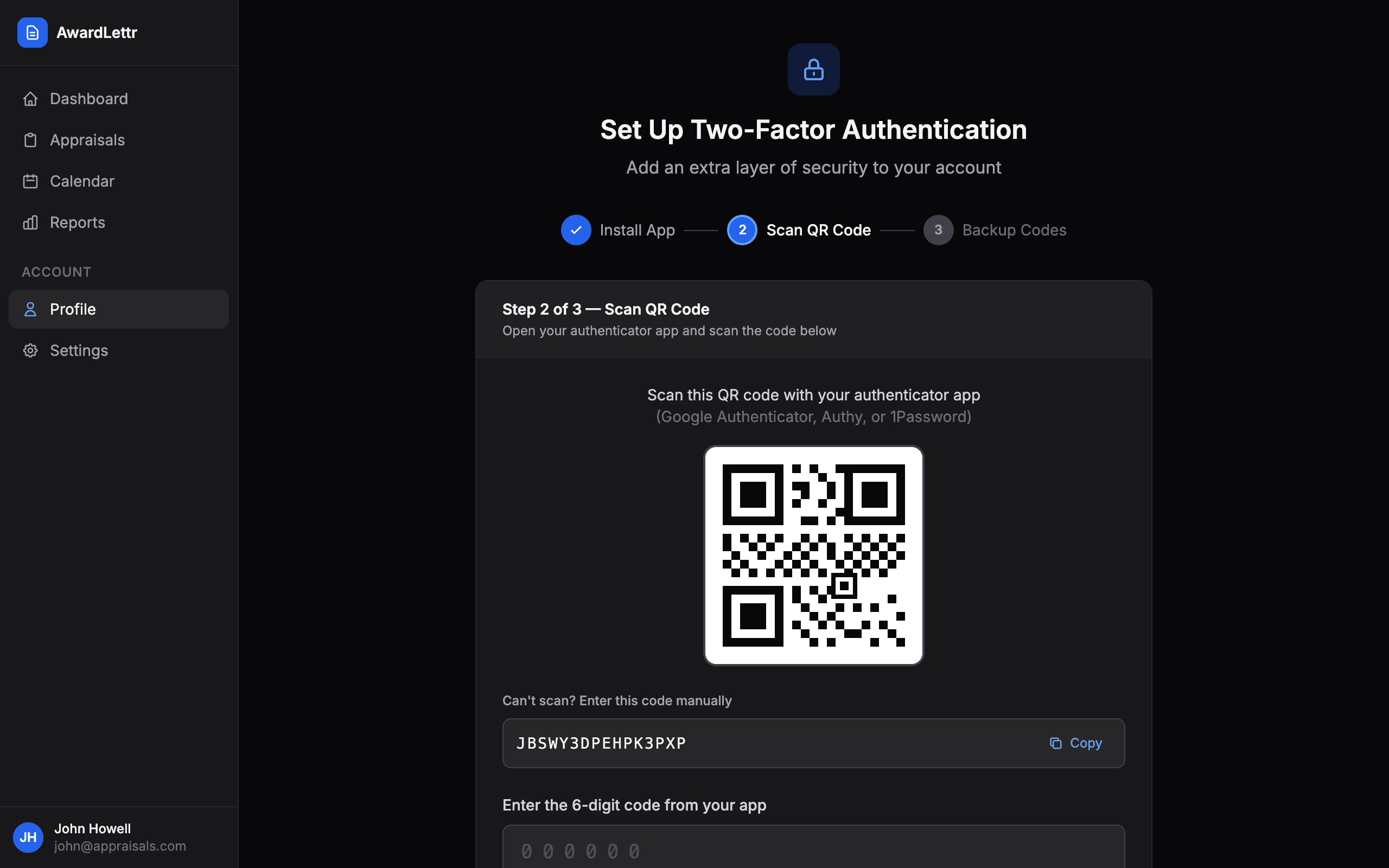 MFA setup wizard showing QR code scanning step with authenticator app instructions