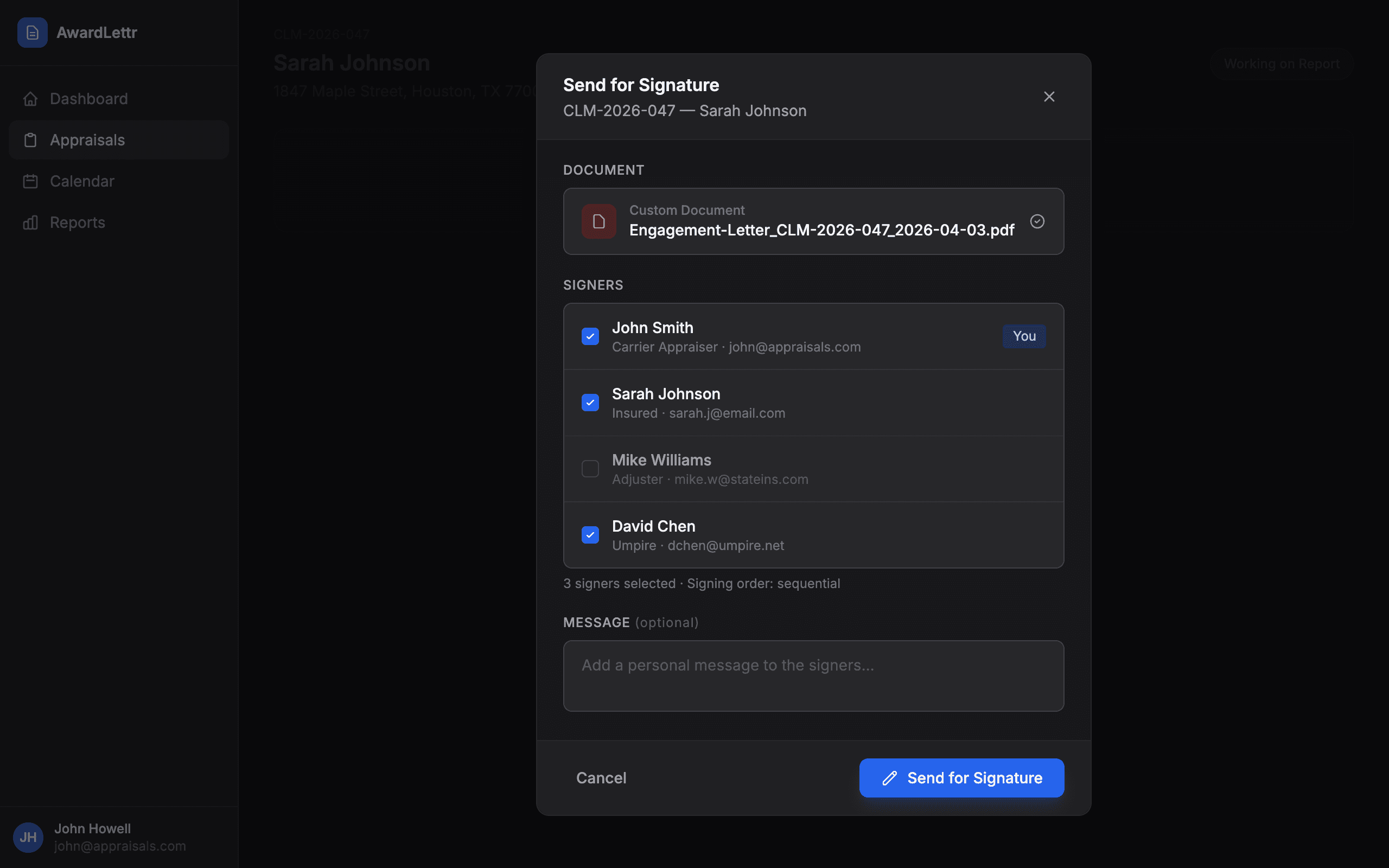 Send for Signature dialog showing document selection and signer checkboxes for all parties