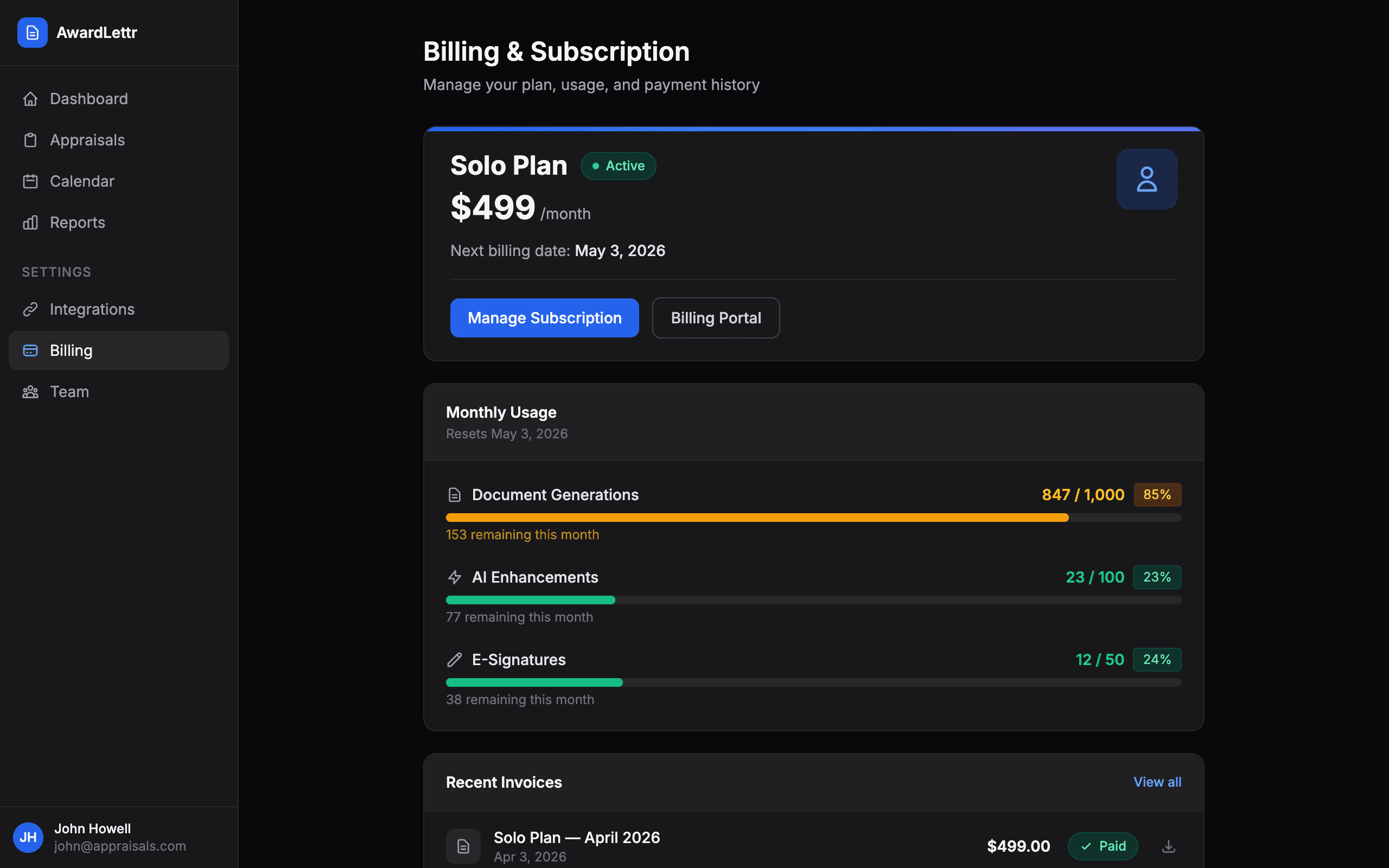 Billing settings page showing current plan, usage metrics, and recent invoices