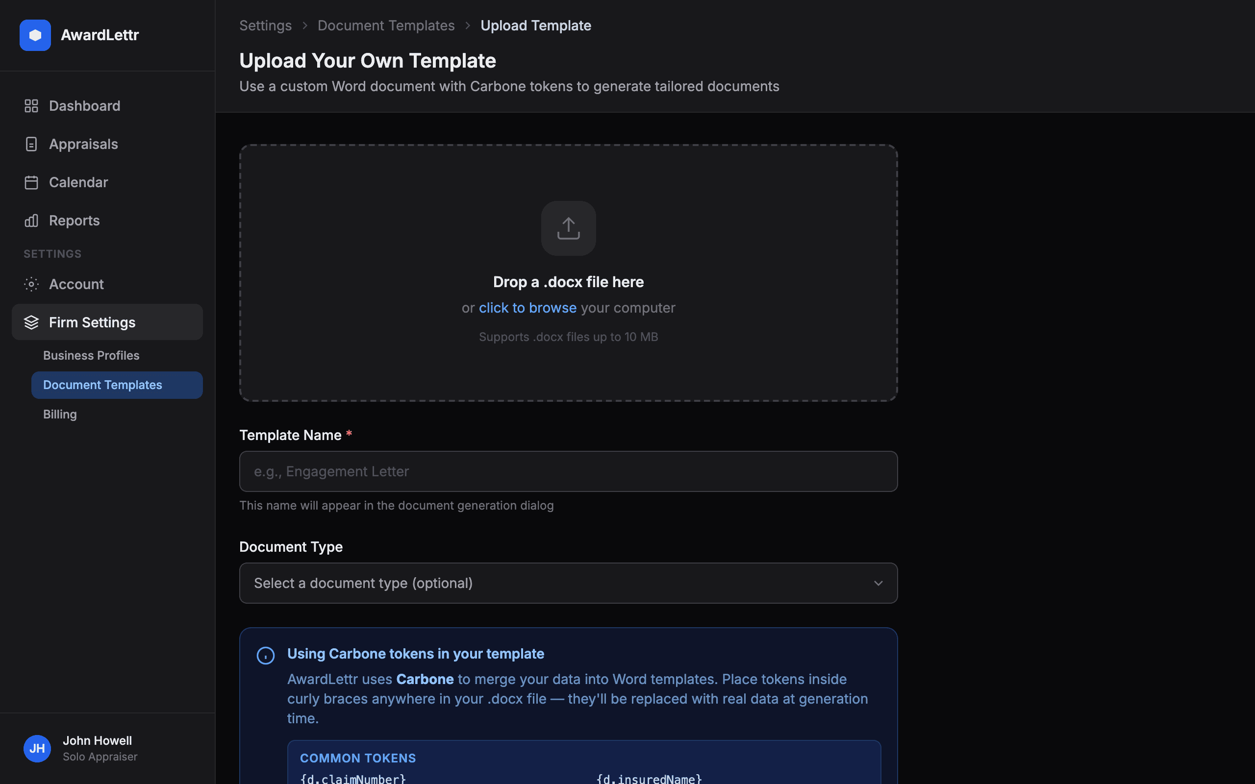 Custom template upload page with drag-and-drop zone and template name field