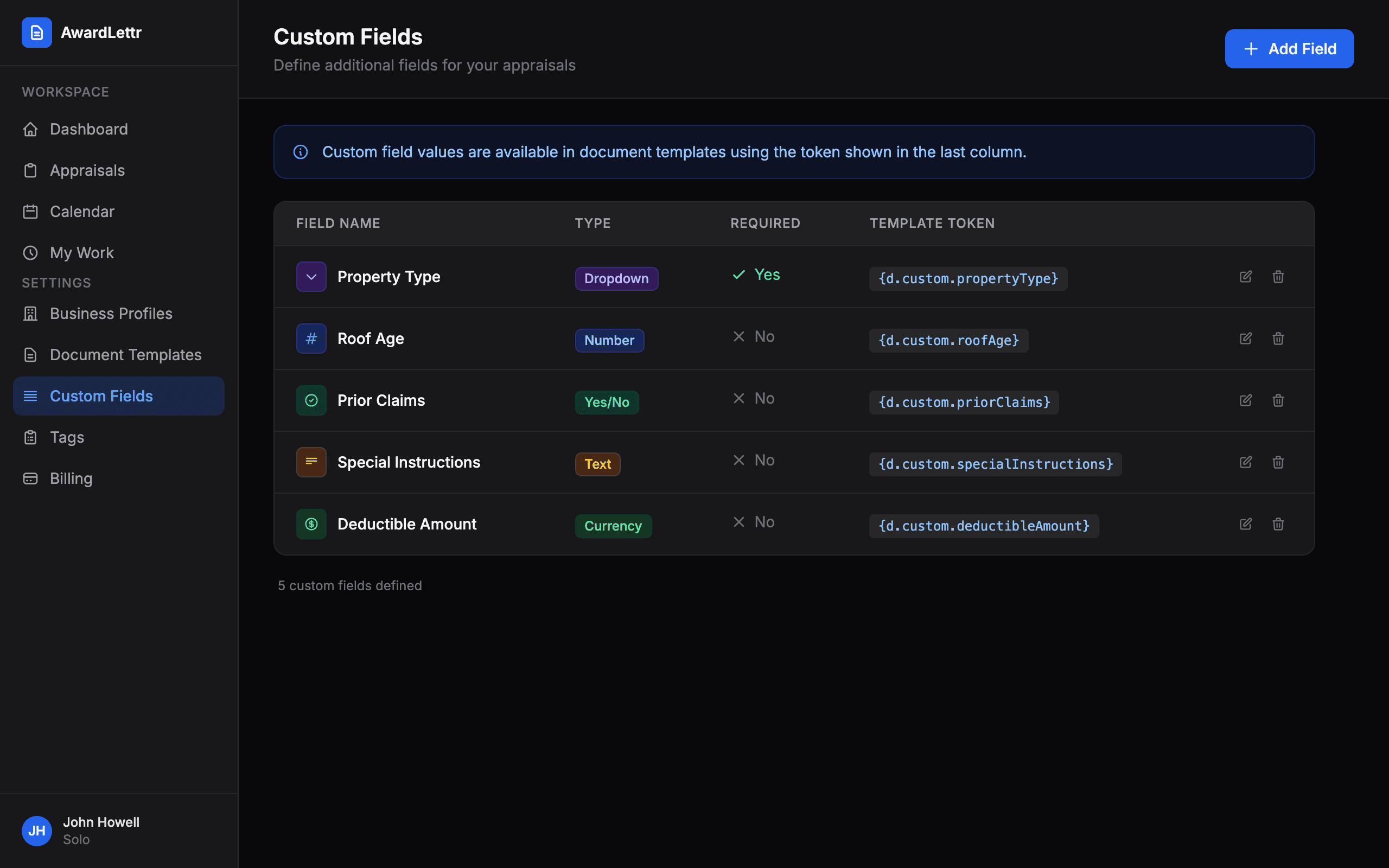 Custom Fields settings page showing a table of user-defined fields with types and template tokens