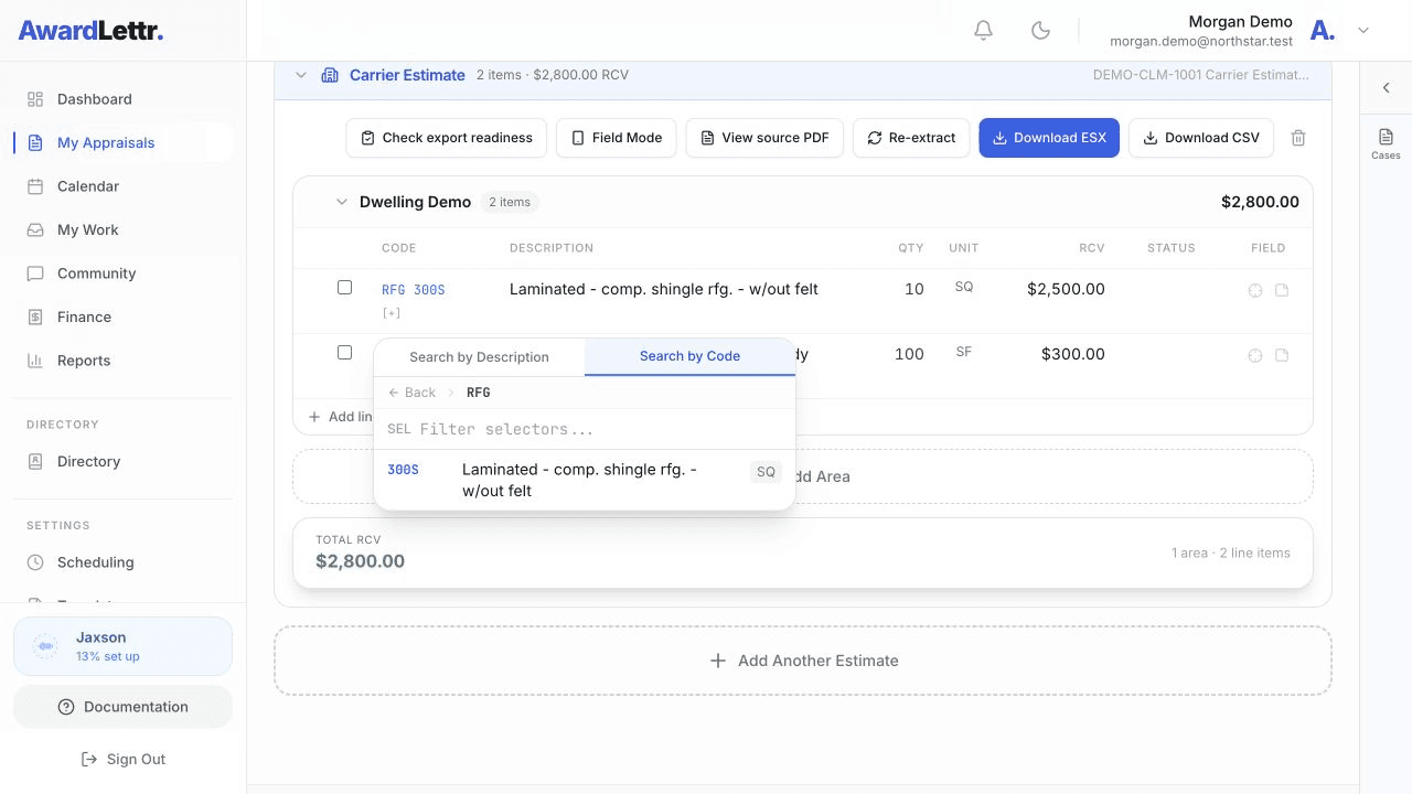 Search by Code panel for Xactimate category and selector codes