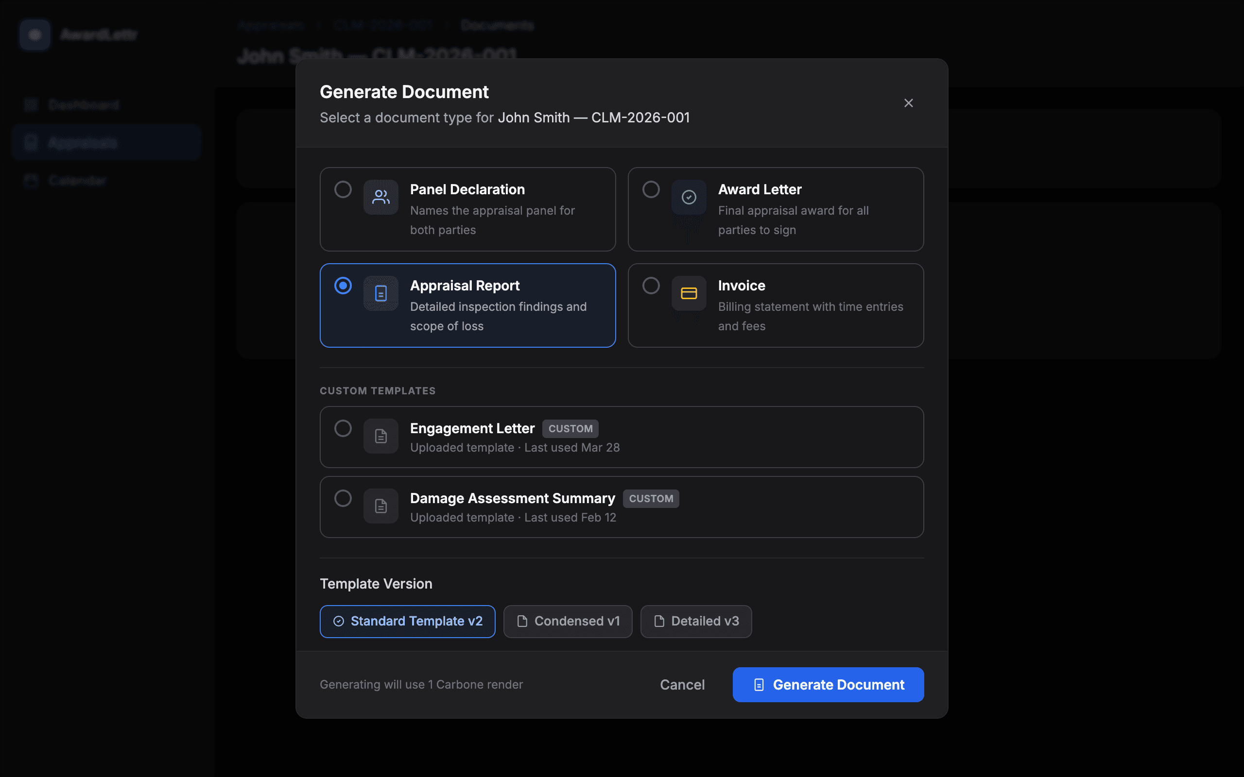Generate Document dialog showing standard types and custom templates with template version selection