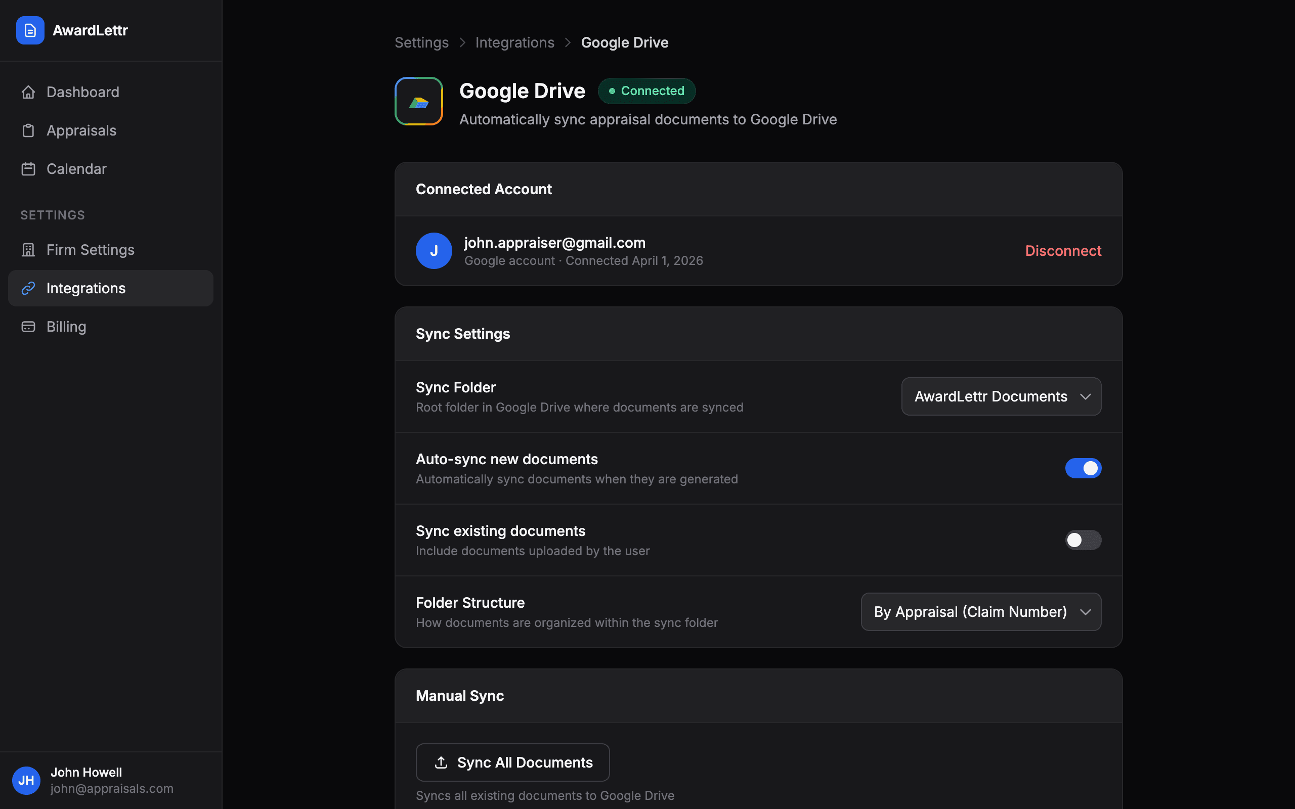Google Drive integration settings showing connected account and sync configuration