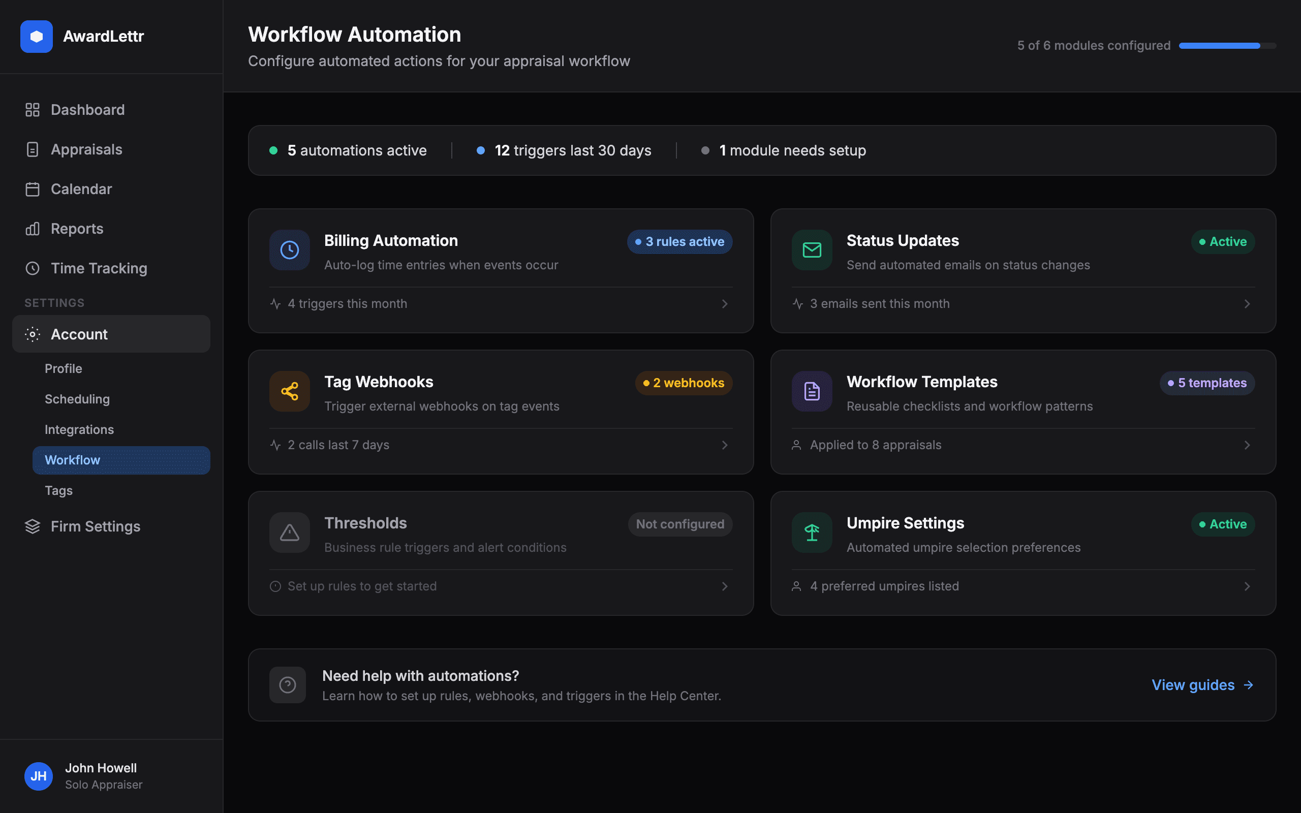 Workflow Automation hub showing six automation modules with status badges